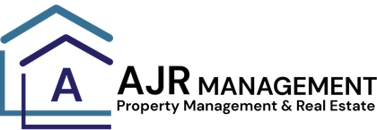 Logo for AJR Management featuring a stylized blue and dark blue house outline with an 'A' inside and text to the right.