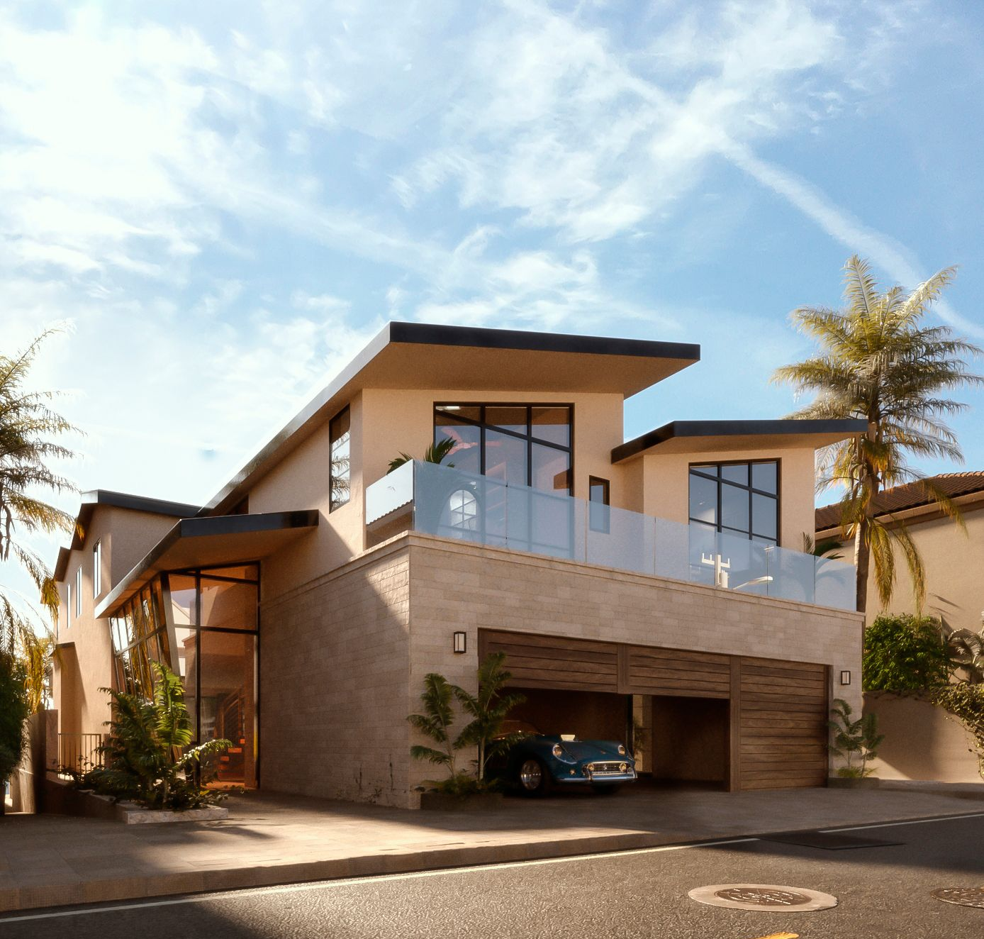 Modern two-story house with a garage and balcony, set on a sunny street, blue car parked.