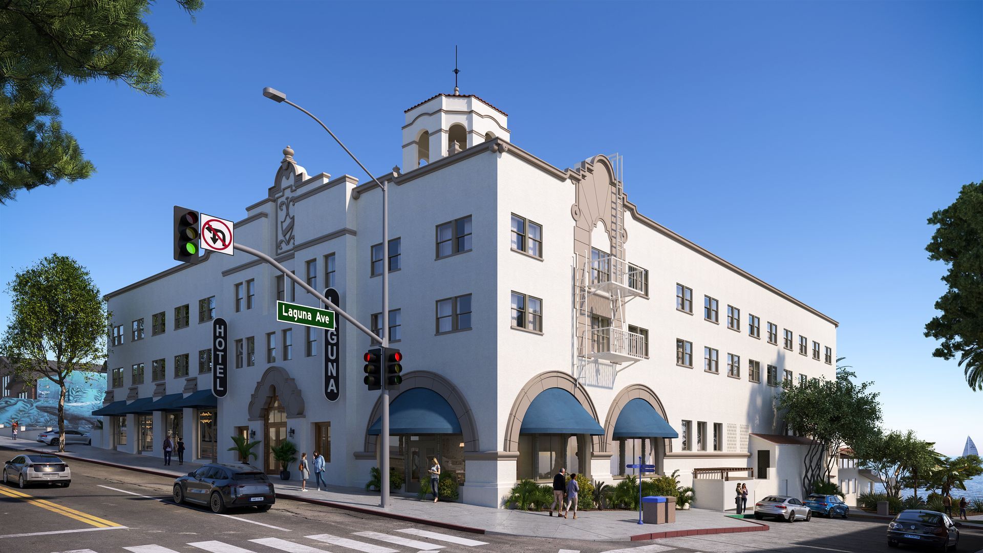 An artist 's impression of a large white building with blue awnings