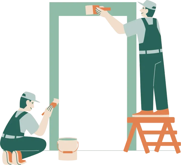 A man is kneeling down while another man is standing on a ladder painting a door.