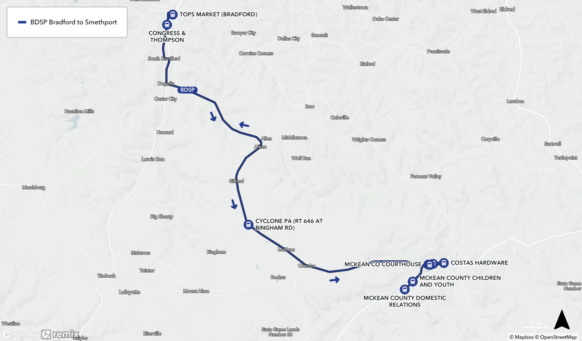 Map of Bradford to Smethport Route