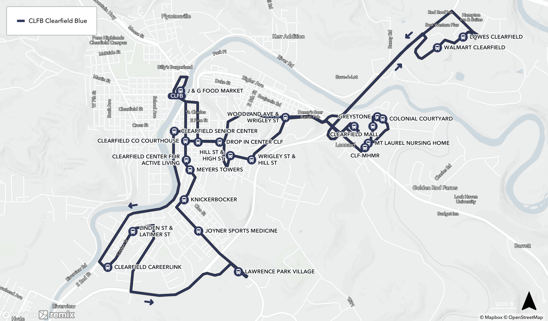 Map of Clearfield Blue Route