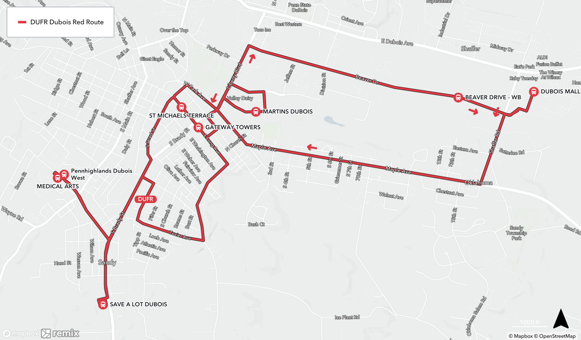 Map of DuBois Red Route