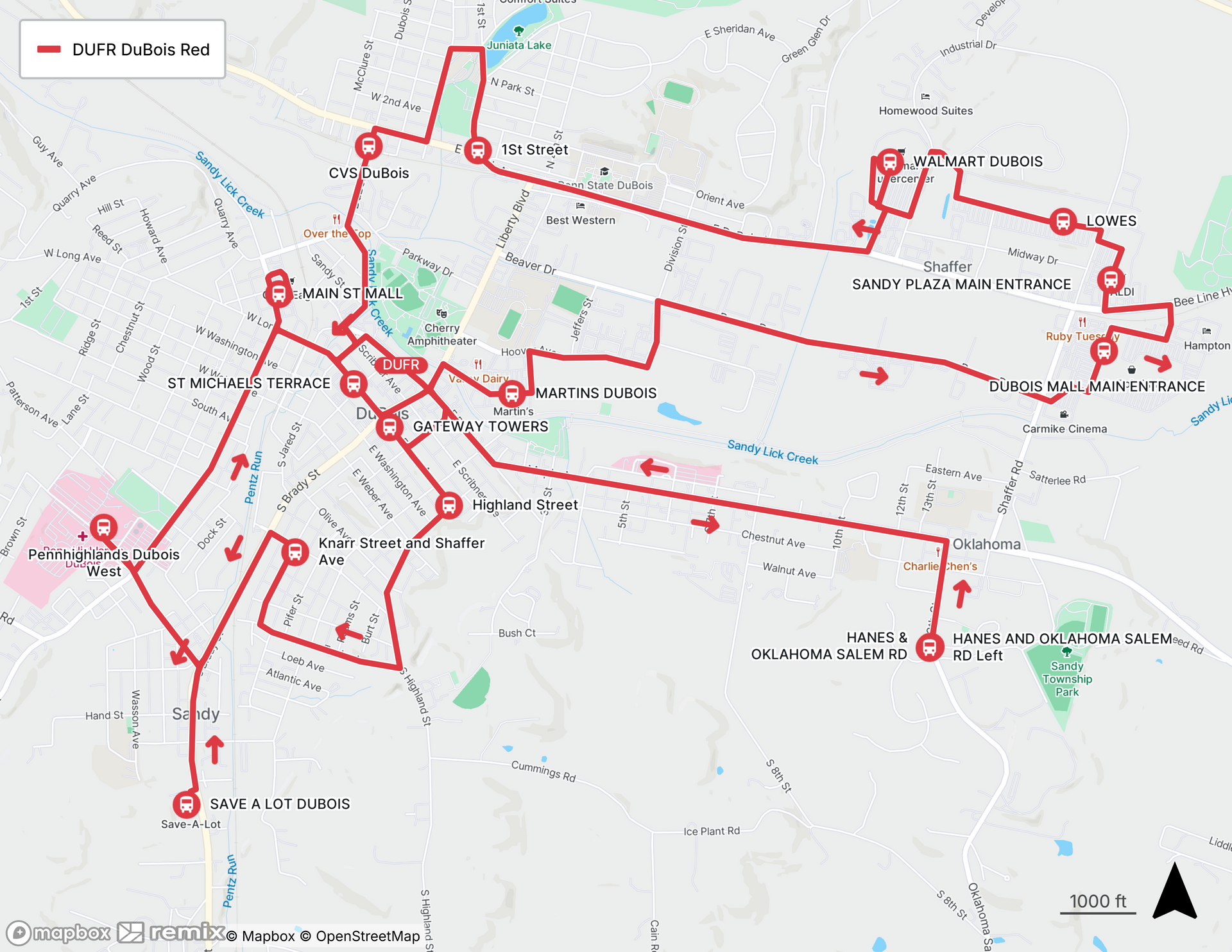 Map of DuBois Red Route Map of DuBois Red Route