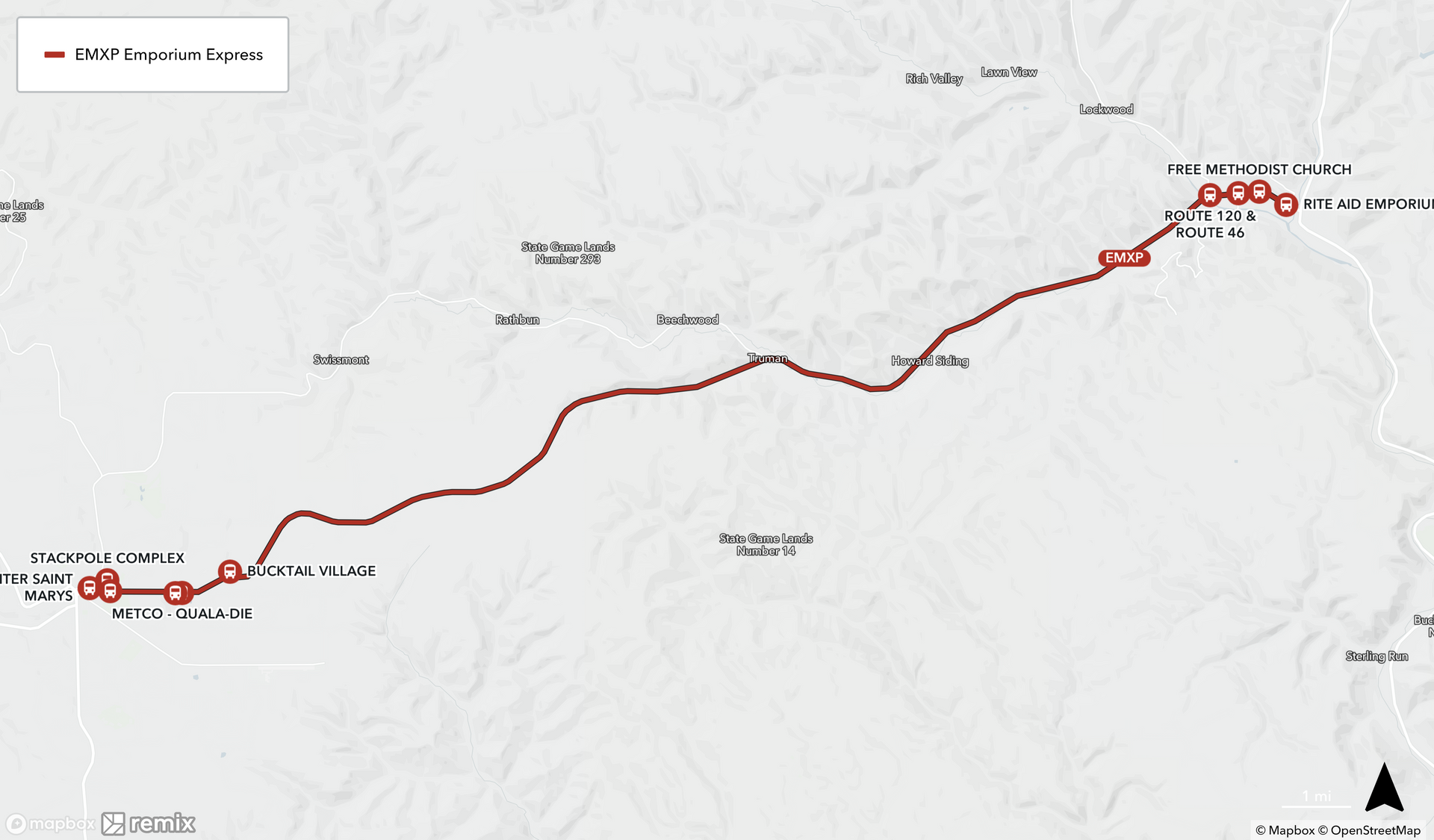 Map of Emporium to ST Marys Route