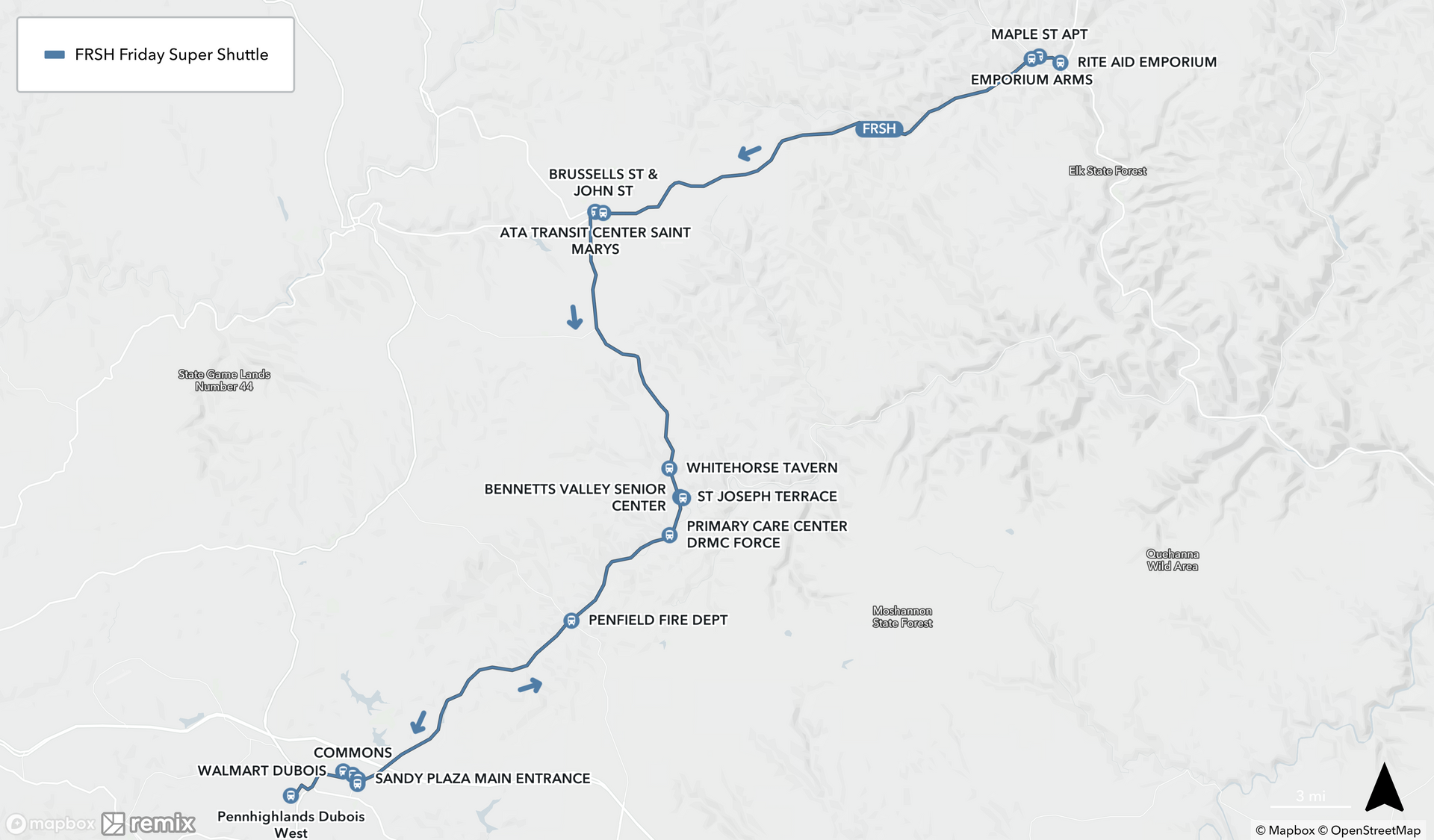 Map of Friday Super Shuttle Route ( Emporium to DuBois)