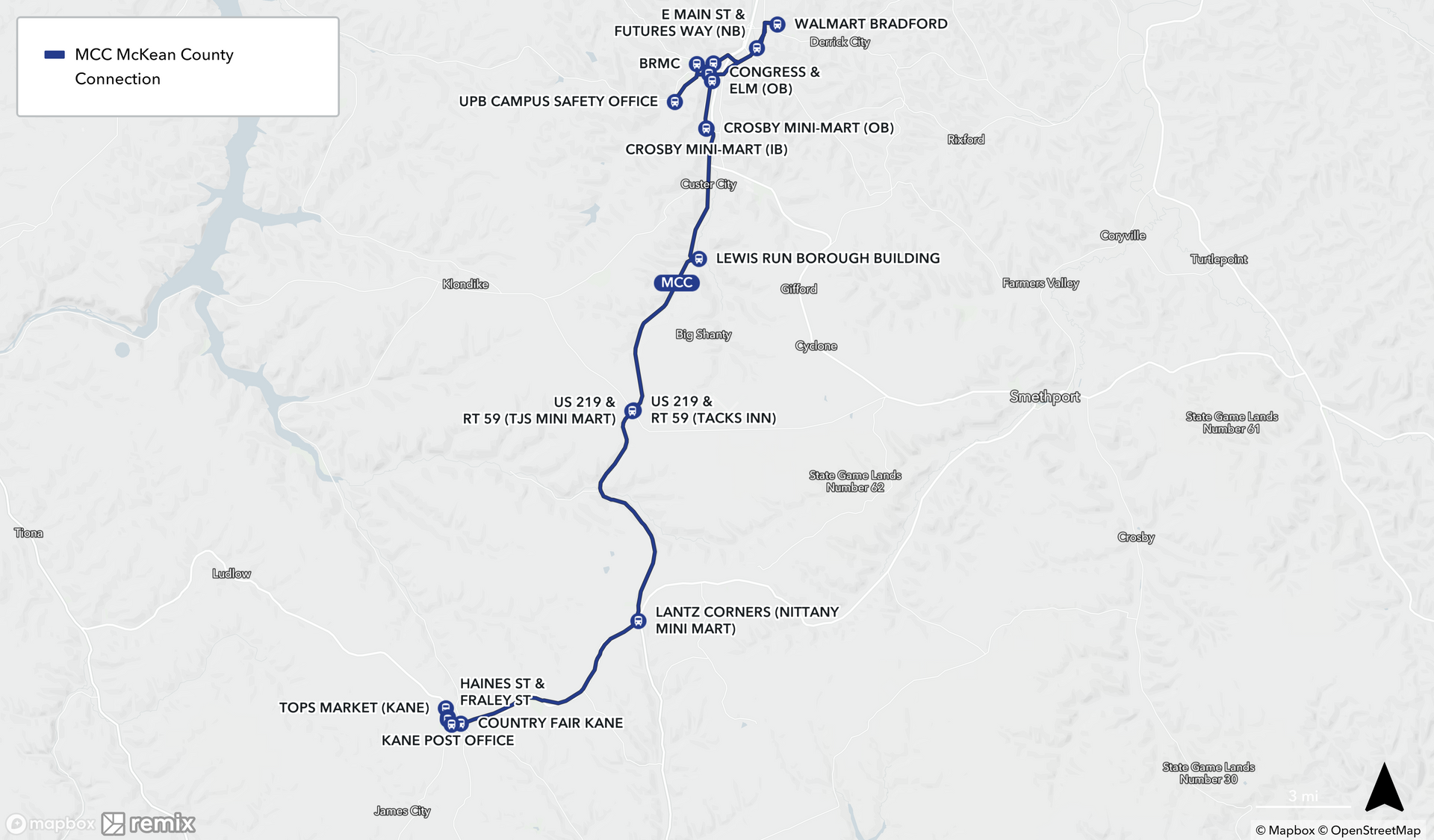 Map of McKean County Connection Route (Bradford to Kane)