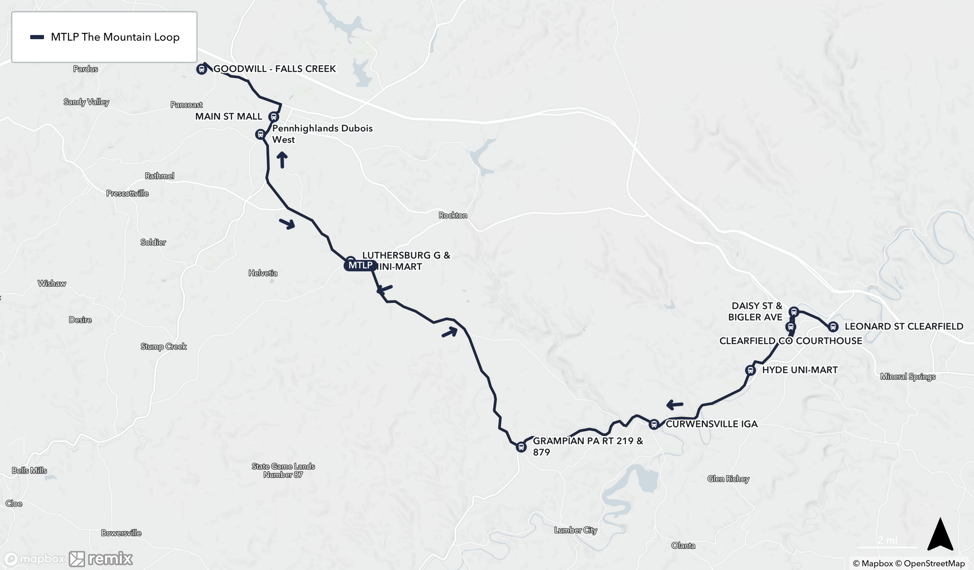 Map of Mountain Loop (Clearfield to DuBois)