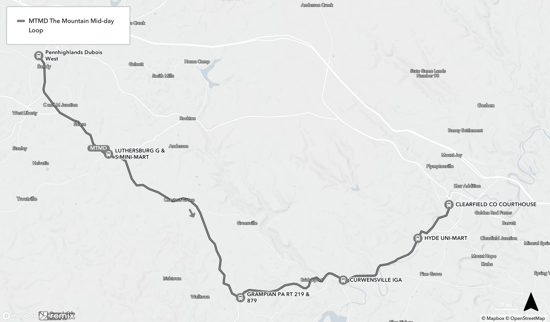 Map of Mountain Loop Mid Day Run (Clearfield to DuBois)