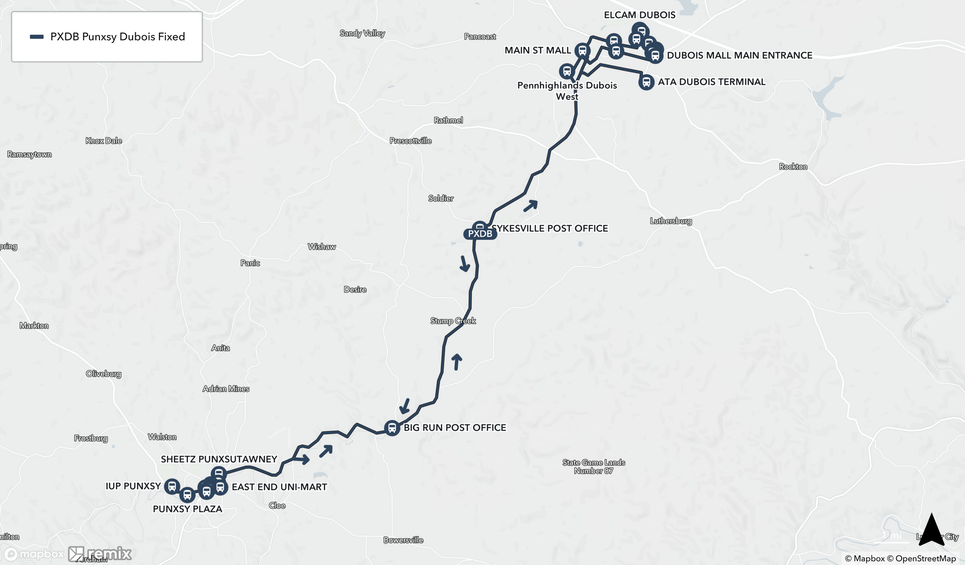 Map of Punxsy to DuBois Route