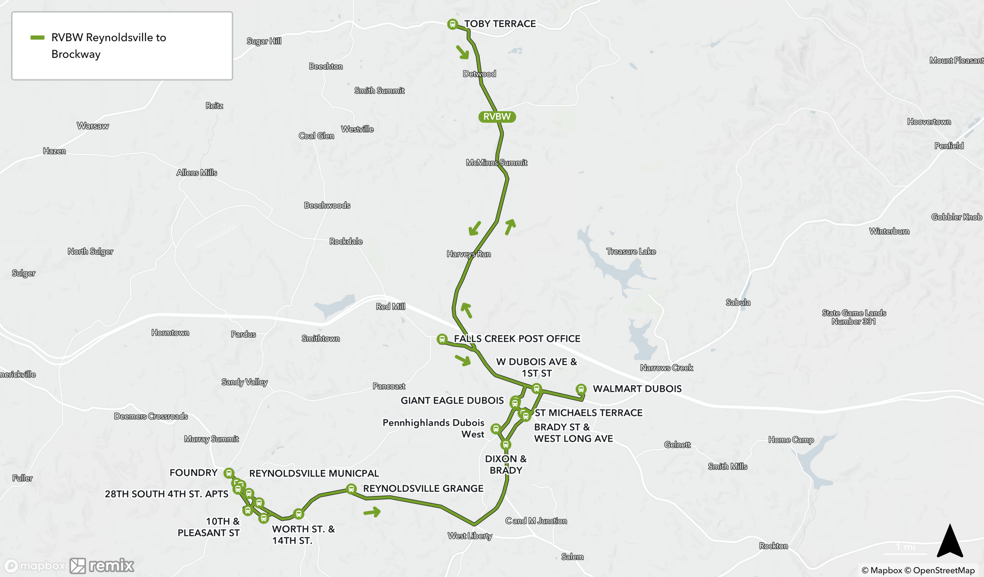 Map of Reynoldsville to Brockway Route