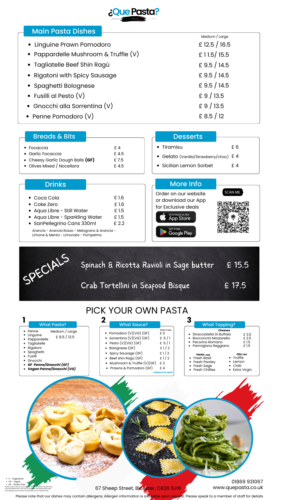 Que Pasta Bicester Menu