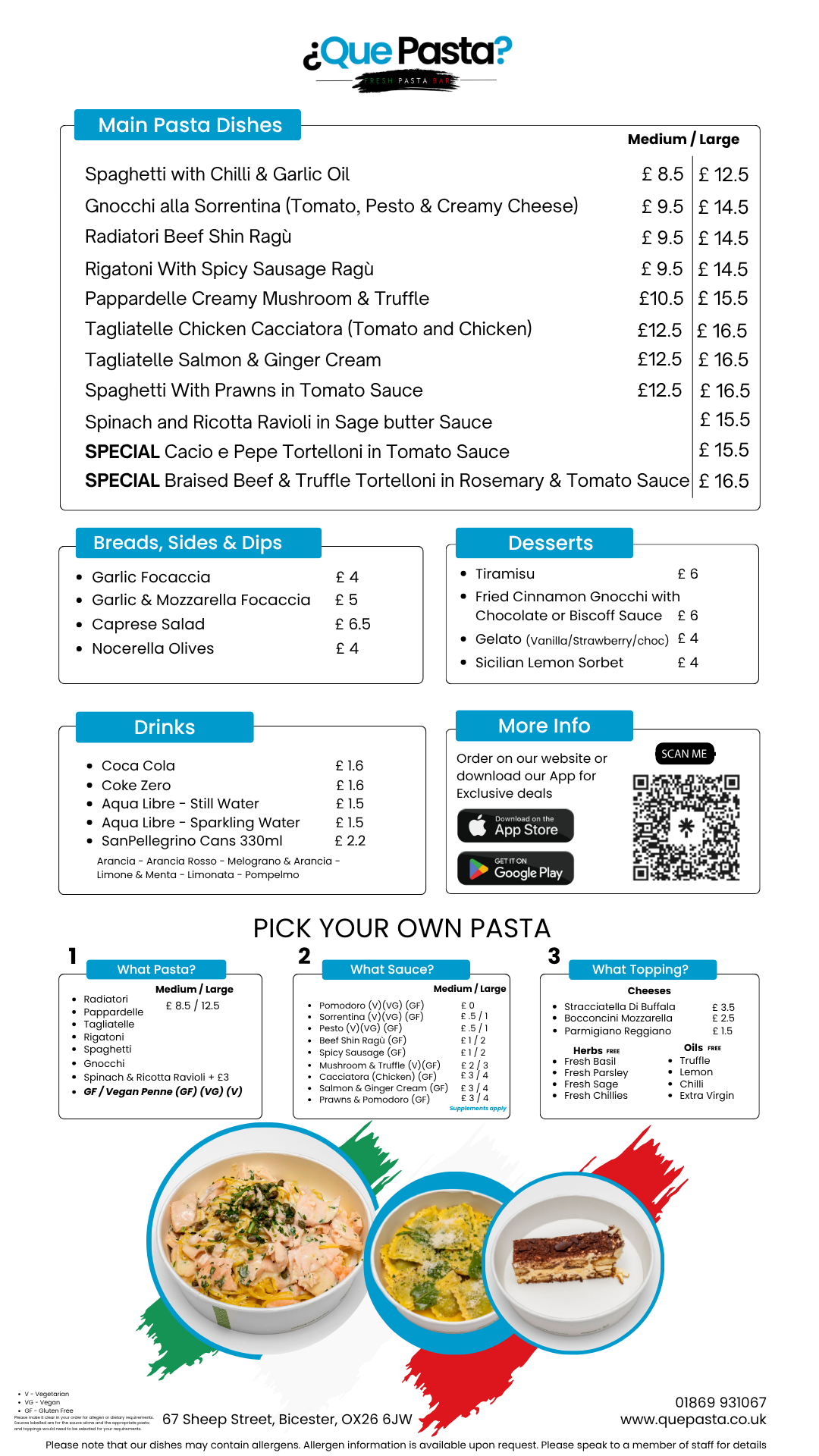 Que Pasta Bicester Menu