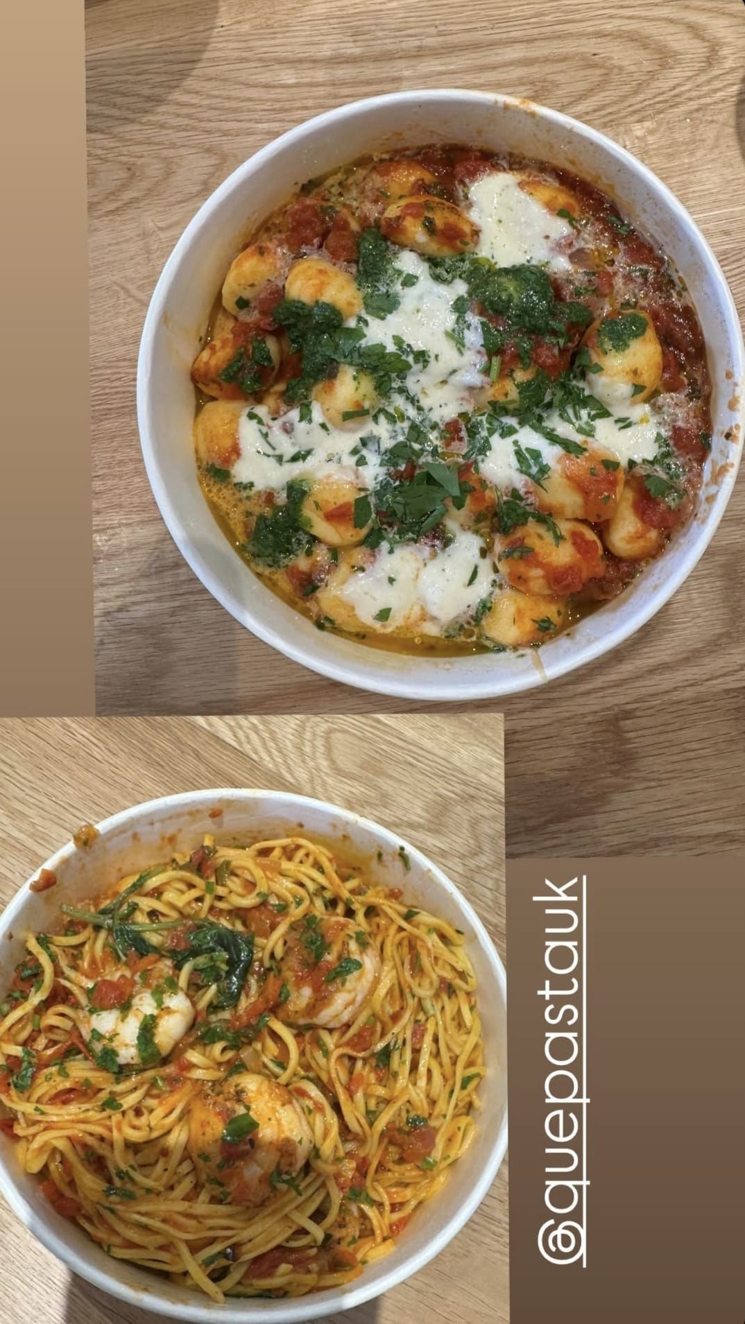 Two bowls of food are sitting on a wooden table.