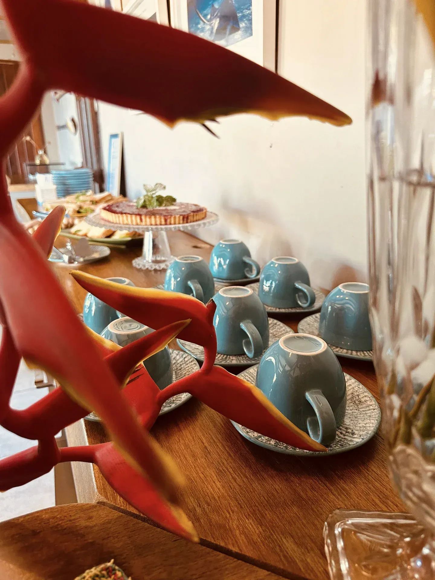 Uma mesa com muitas xícaras e pires sobre ela