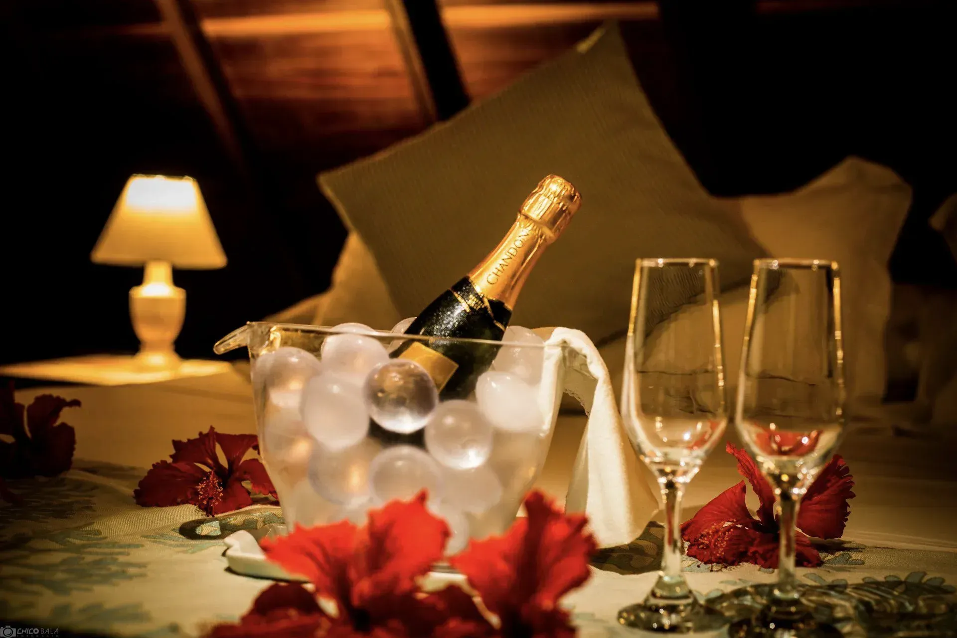 Uma garrafa de champanhe está em um balde de gelo ao lado de duas taças