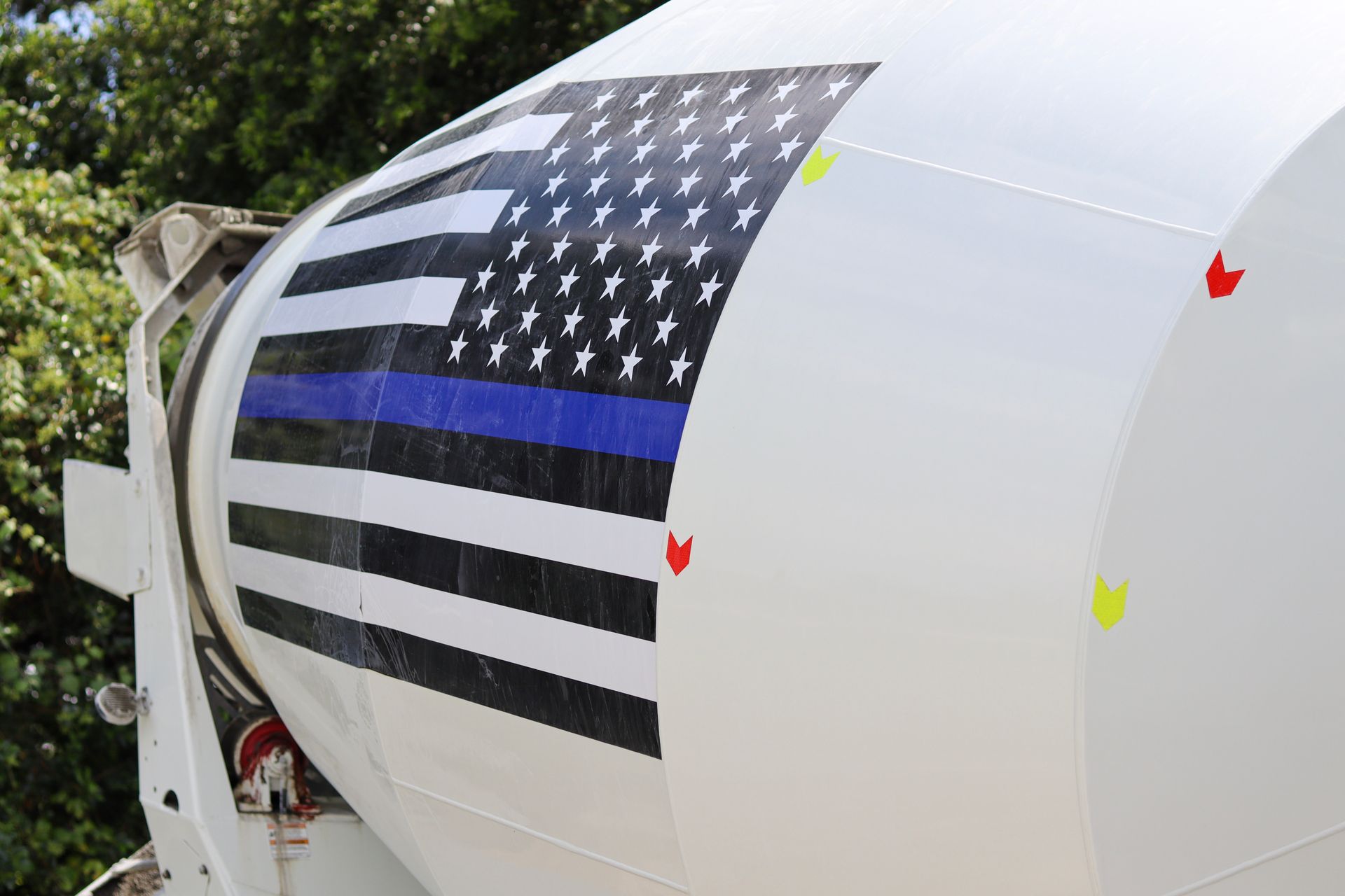 Concrete Mixer with US Flag and Blue Stripe