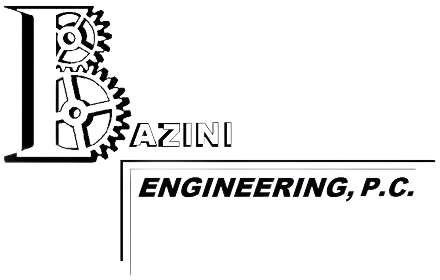 Logo for Bazini Engineering, P.C. Features a gear, the letter 