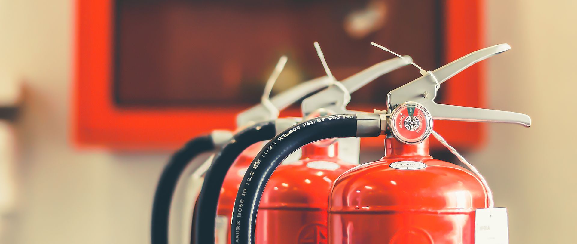 A row of red fire extinguishers with white handles and black hoses, mounted on a wall.