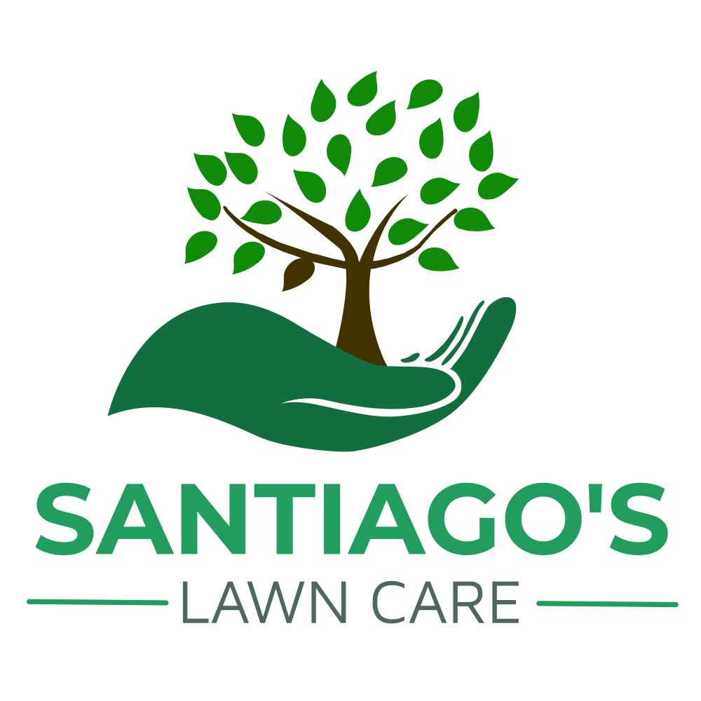Santiago's Lawn Care logo: Green hand cradling a brown tree with green leaves; green text on white.