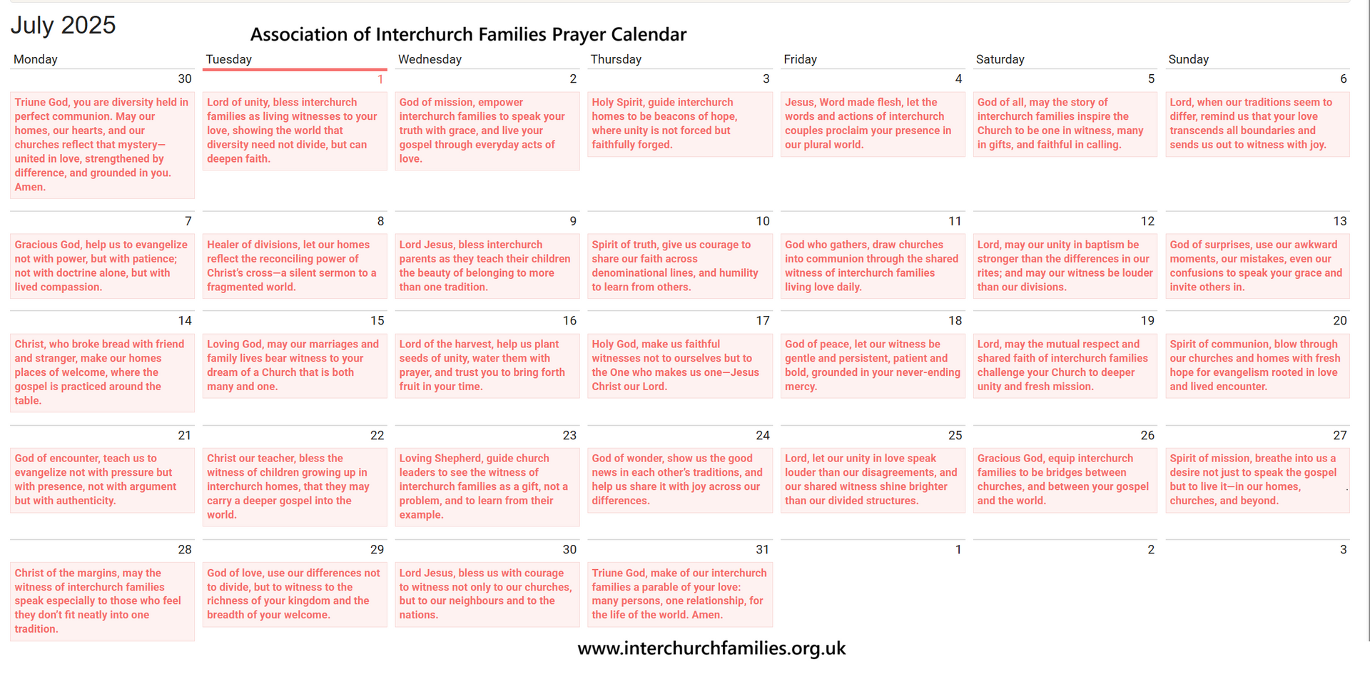 image of Daily Prayer Calendar for November