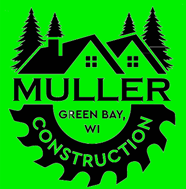 The logo for muller green bay construction is green and black.