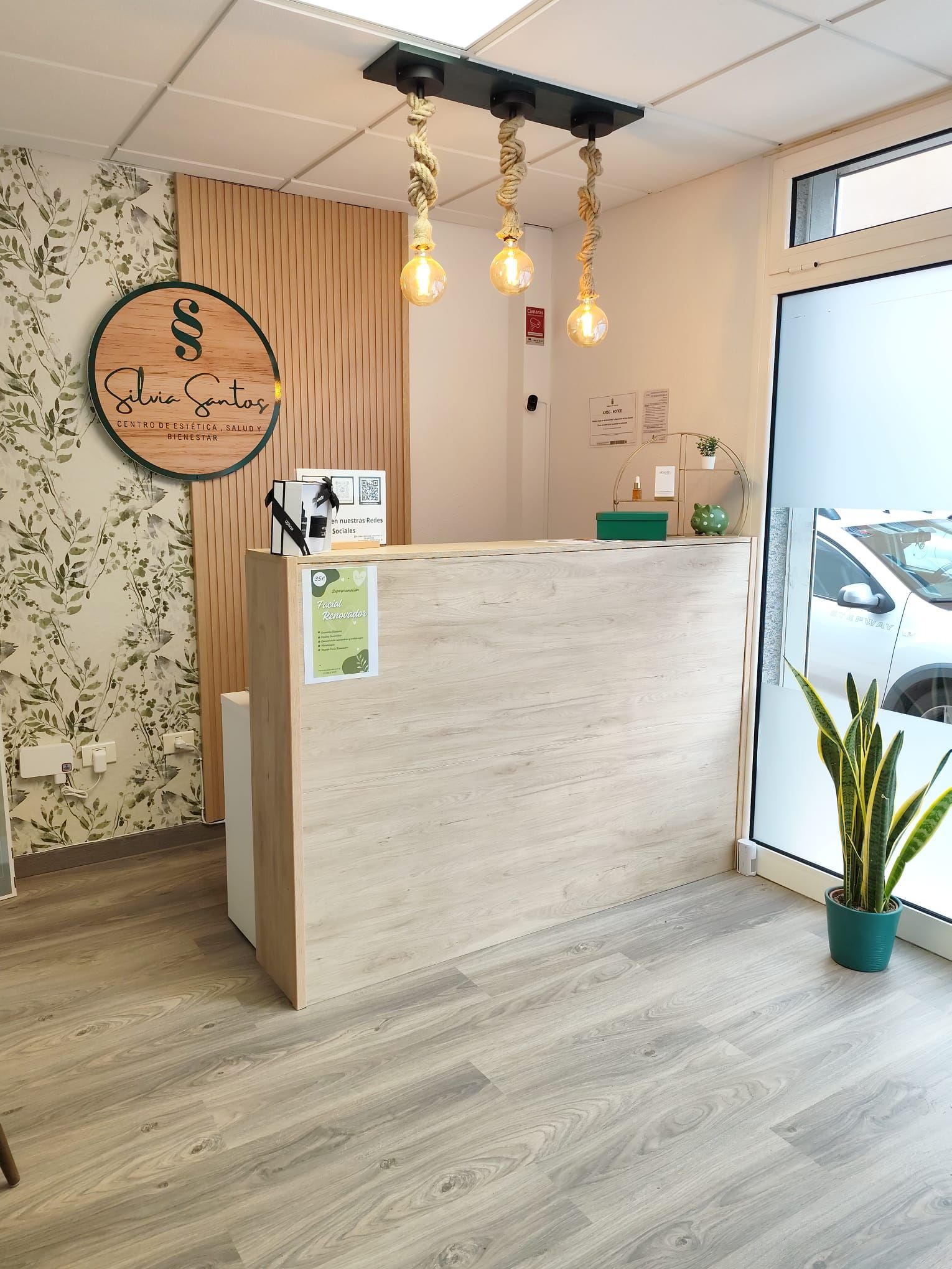 Área de recepción con un escritorio de color claro, paneles de madera en las paredes, papel tapiz floral y una lámpara colgante. Cerca de la puerta hay una planta serpiente.