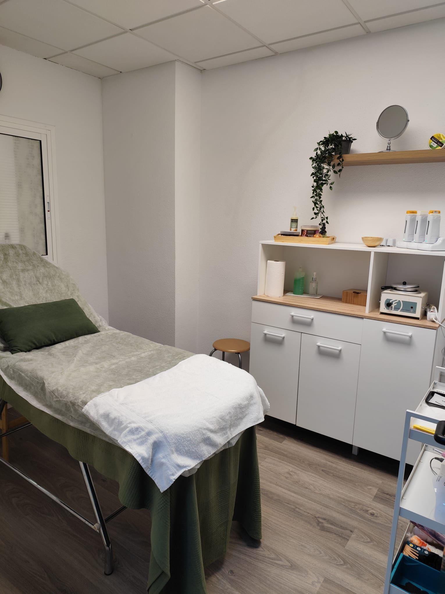 Una sala de tratamiento de spa con una mesa de masajes, un armario con suministros y un pequeño estante con plantas.