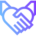 Two hands clasped, forming a heart shape, gradient blue to purple, symbolizing unity.