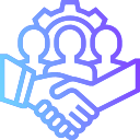 Teamwork concept: handshake with people and gear icon.