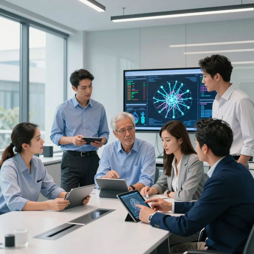 Business meeting in a modern office, team reviewing data on screens.