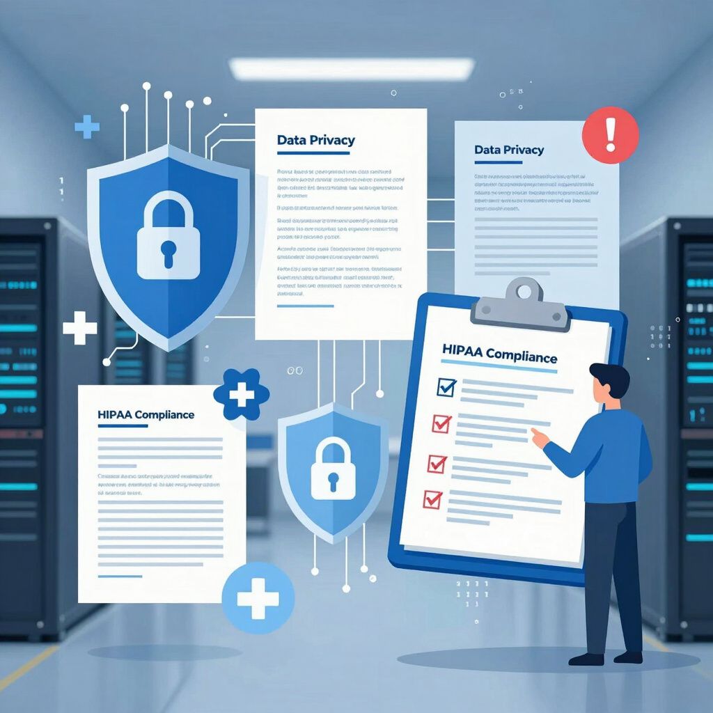 Man reviewing HIPAA compliance checklist in server room with data privacy documents and shields with locks.