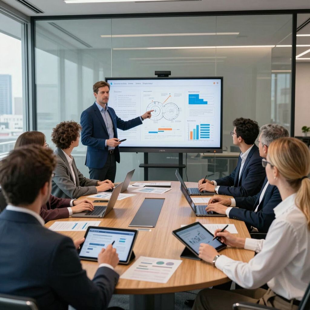 Business presentation: Man points at screen with charts. Colleagues at table with laptops and tablets.
