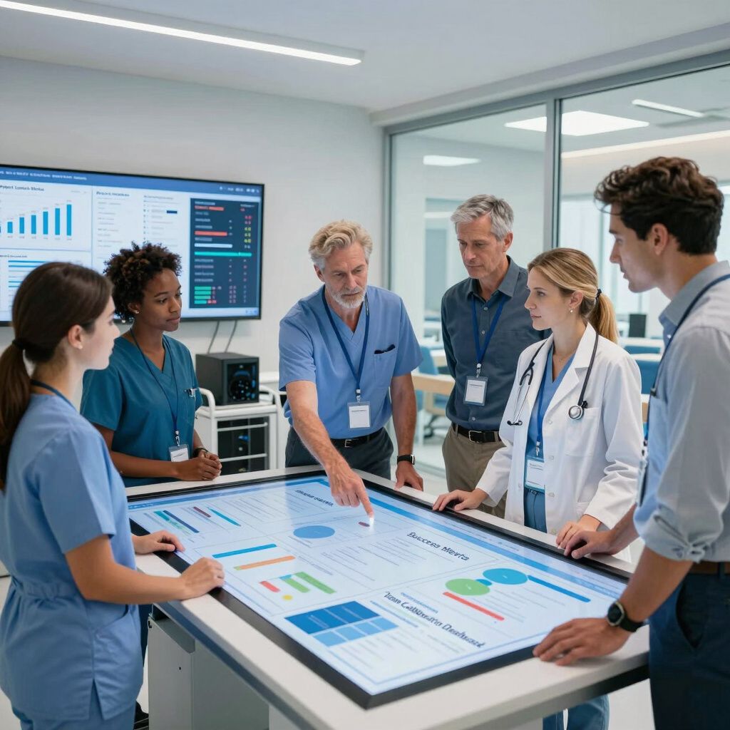 Medical team around a large interactive screen, reviewing data in a modern office setting.