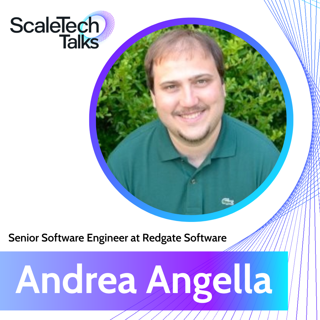 Andrea Angella, Senior Software Engineer at Redgate Software, smiles in front of a green background.