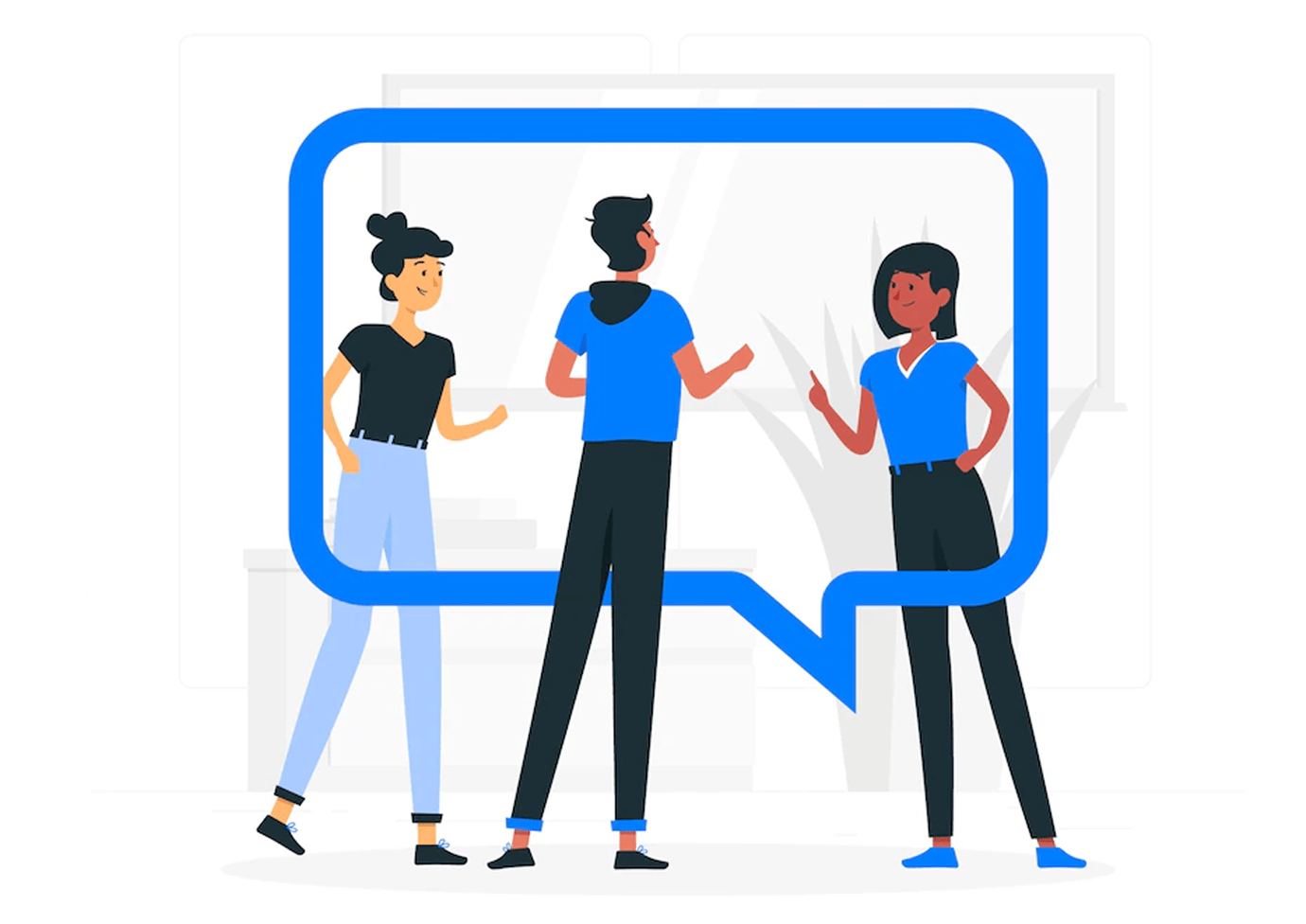 Three people inside a blue speech bubble, gesturing and talking, white background.
