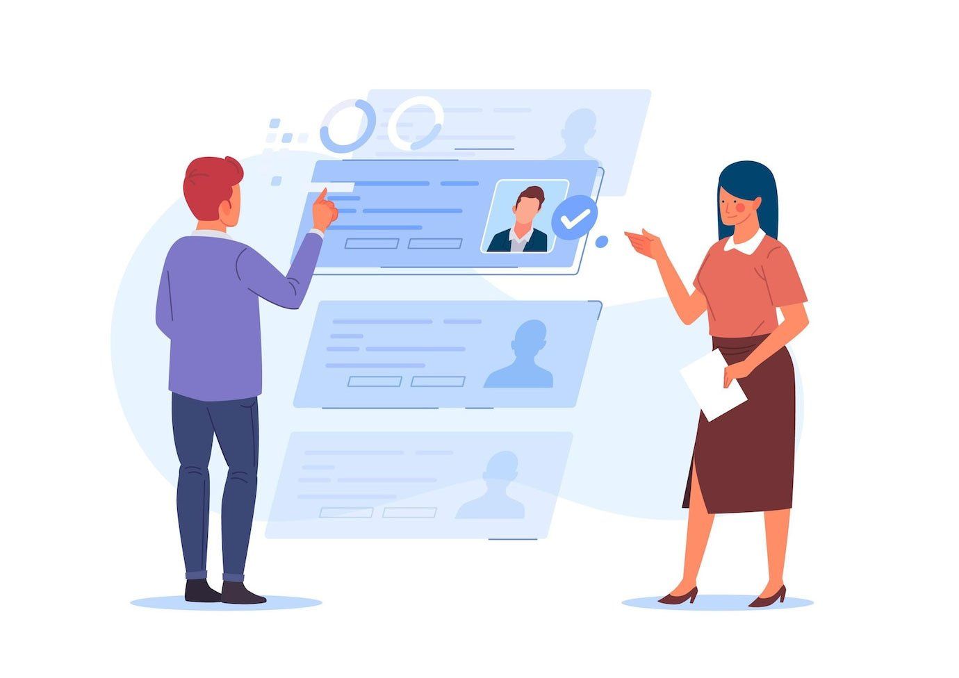 Two people reviewing digital candidate profiles on a screen. One profile is selected.