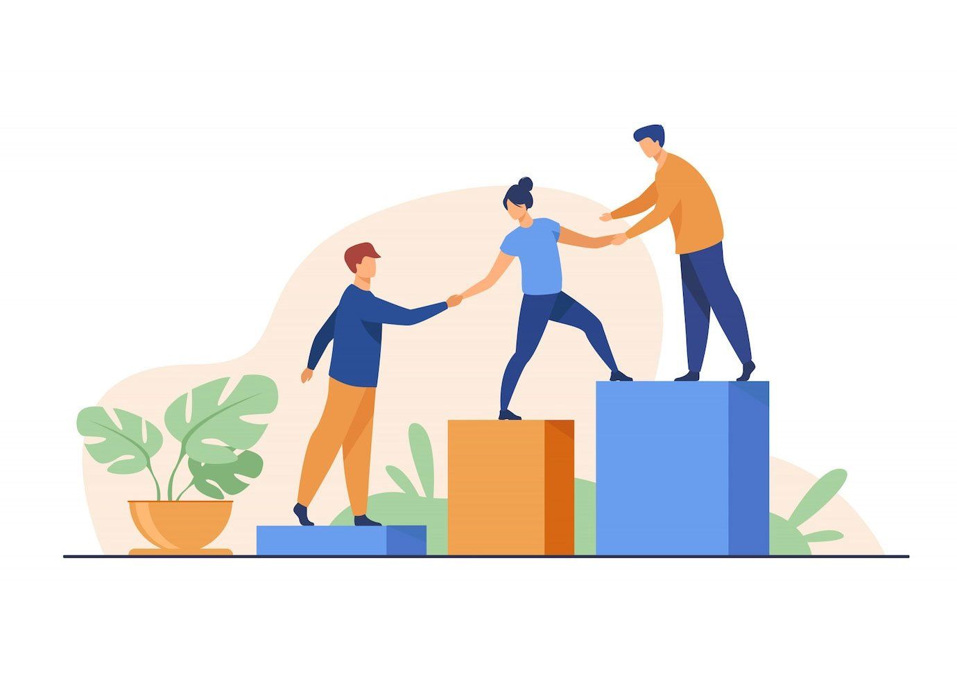 People helping each other climb steps; teamwork and support.