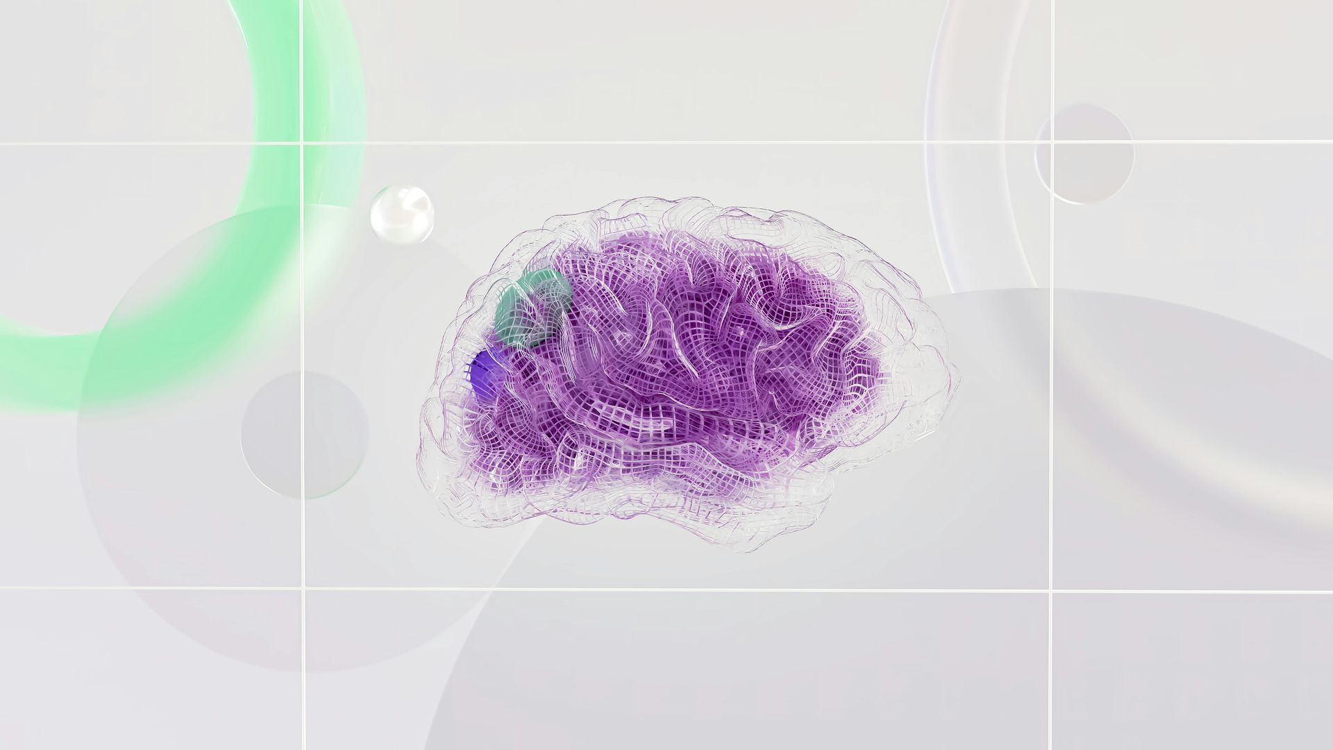 Purple brain illustration with a green area, set against a white, geometric background with floating shapes.
