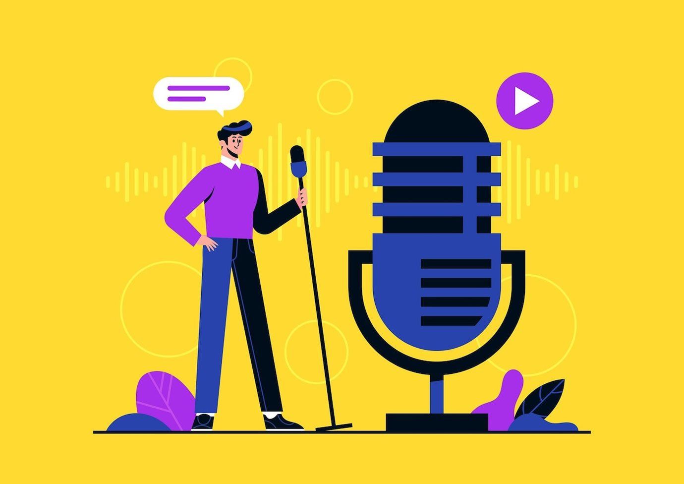 Man with microphone, recording a podcast, against a yellow background.