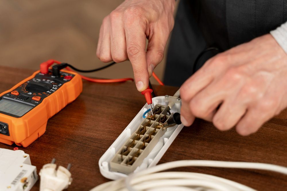 A man is fixing a power strip with a multimeter.