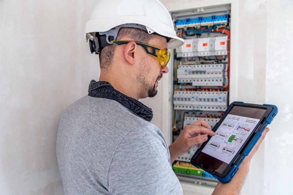 An electrician is looking at a tablet in front of an electrical box.