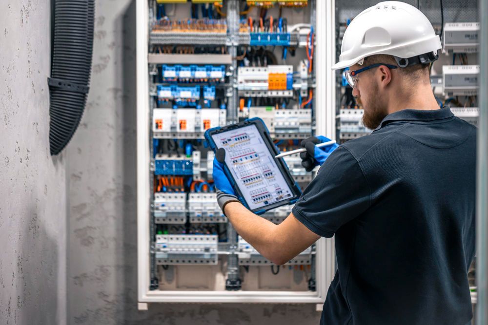 A man in a hard hat is holding a tablet in front of an electrical box.