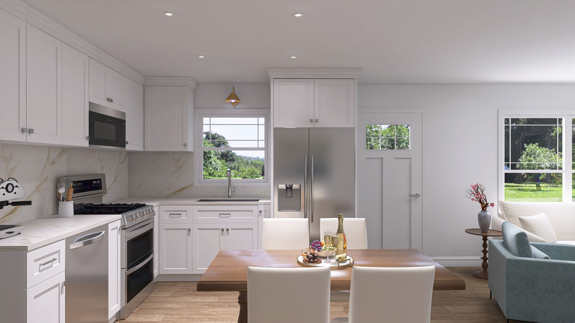 Bright white kitchen with stainless steel appliances, open to a dining area and living room.