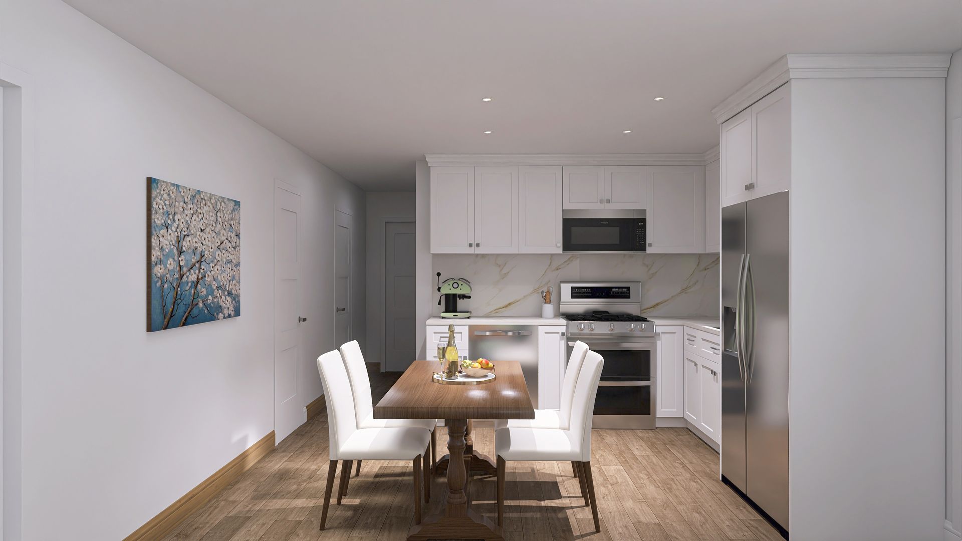 Kitchen and dining area with a table, chairs, cabinets, and appliances.
