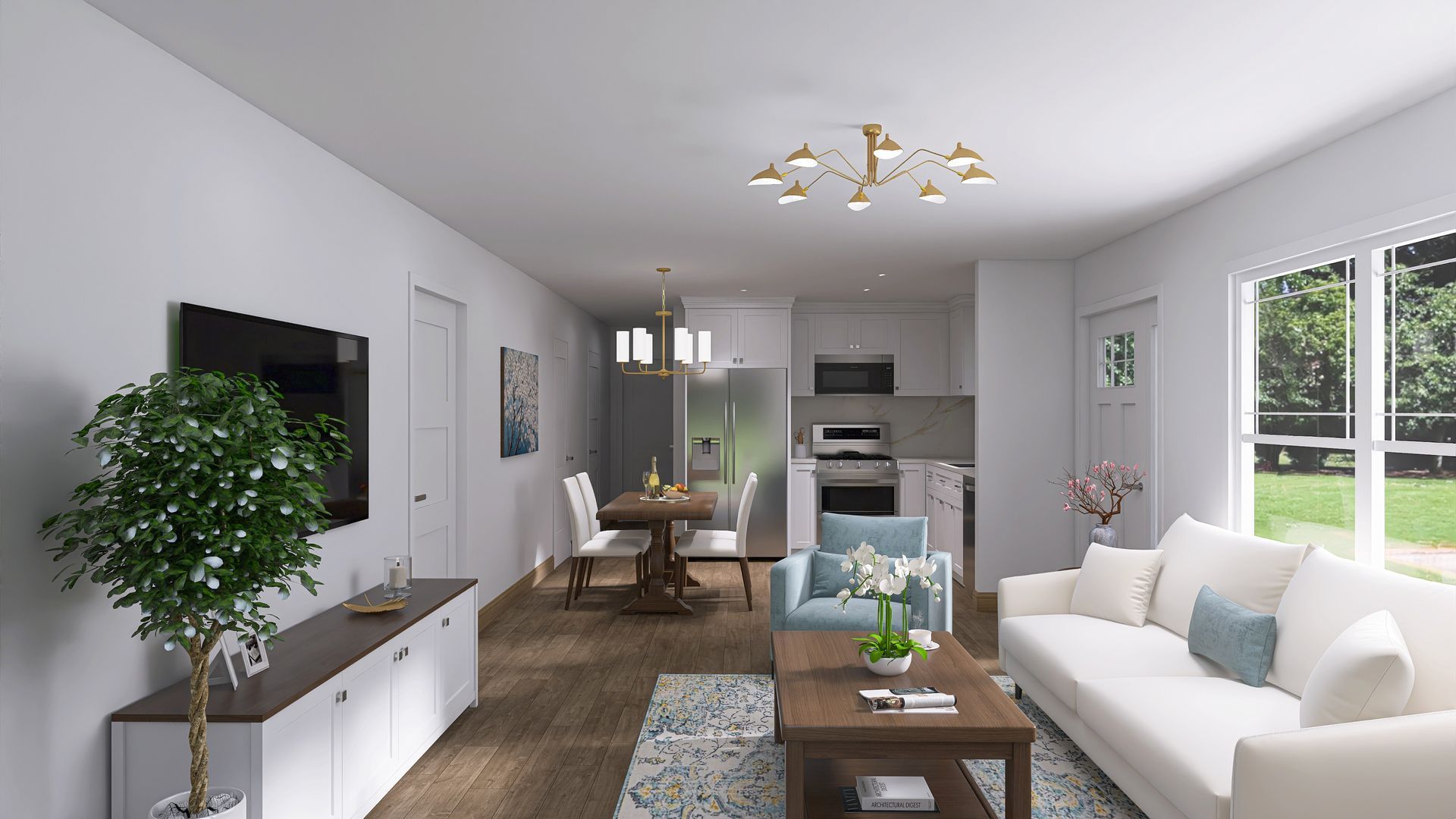 Living room interior with white walls, open to dining area and kitchen. Furniture includes sofa, table, and TV.