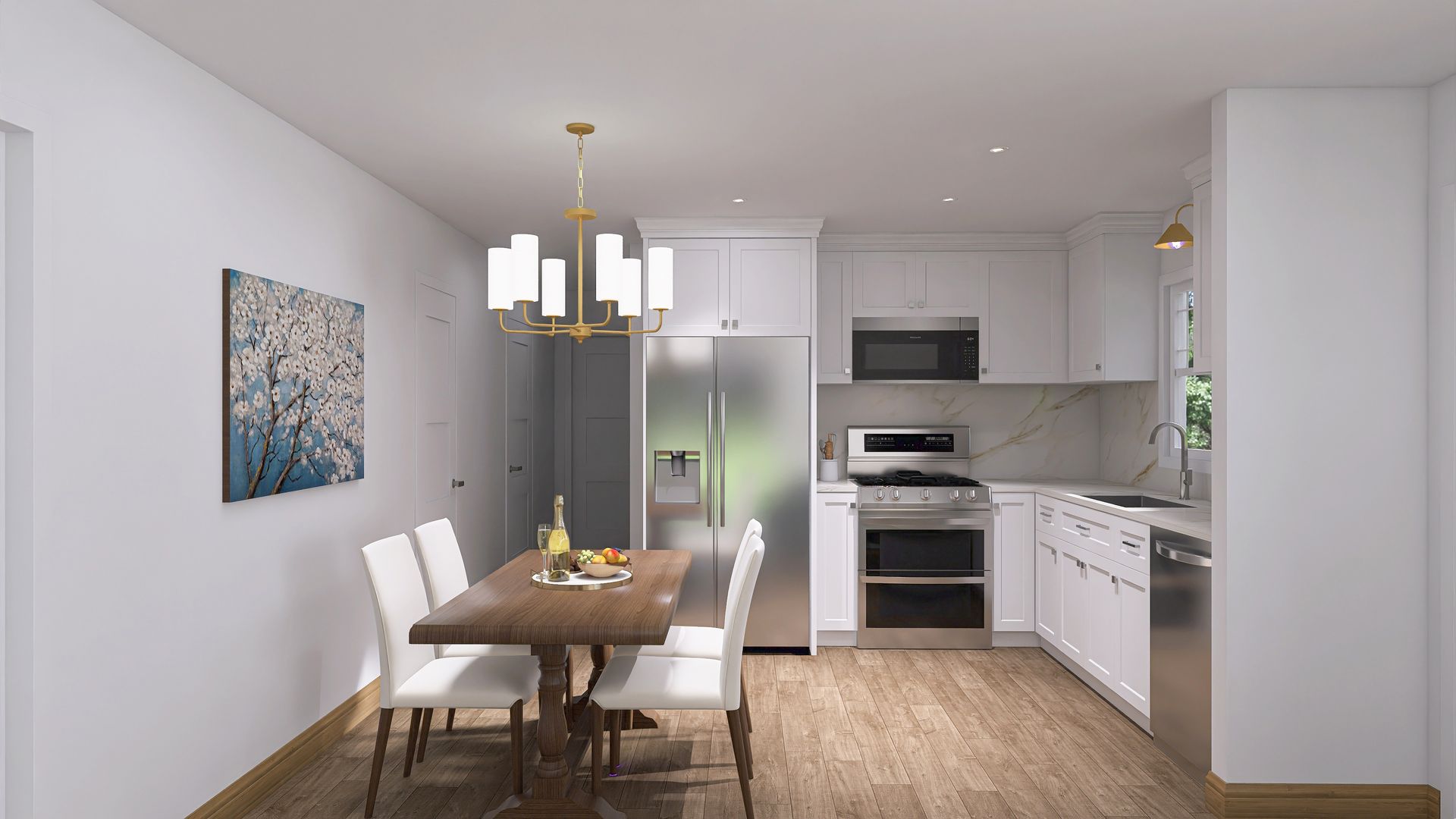 Dining area with a wooden table, white chairs, and a kitchen with white cabinets.