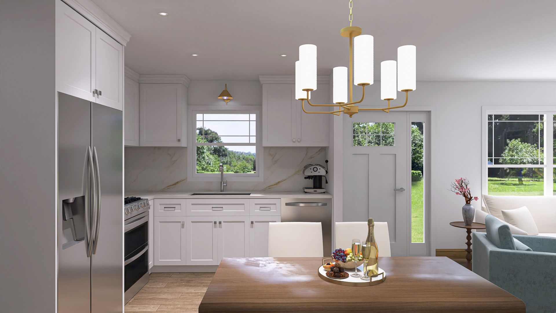 Kitchen with white cabinets, stainless steel appliances, and a wooden dining table.