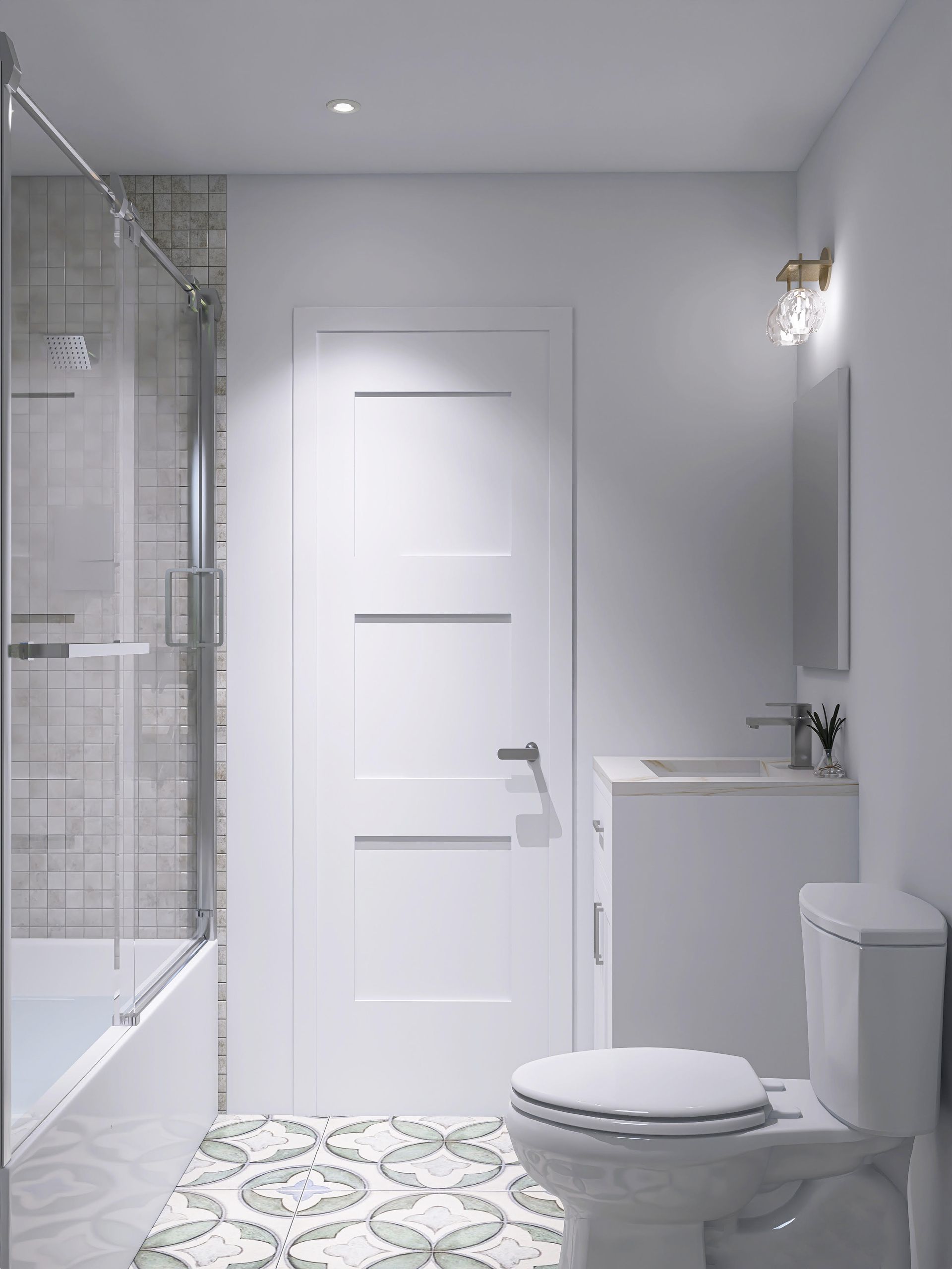 Bathroom with white fixtures, shower, patterned floor tile, and three-panel door.