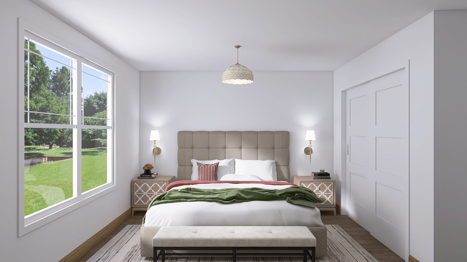 Bedroom with bed, nightstands, window, and closet, neutral tones, natural light.